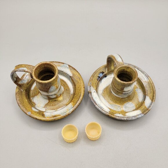 Handcrafted Pottery Taper Candle Holders Pair Stoneware Chambersticks Rustic - Picture 7 of 8